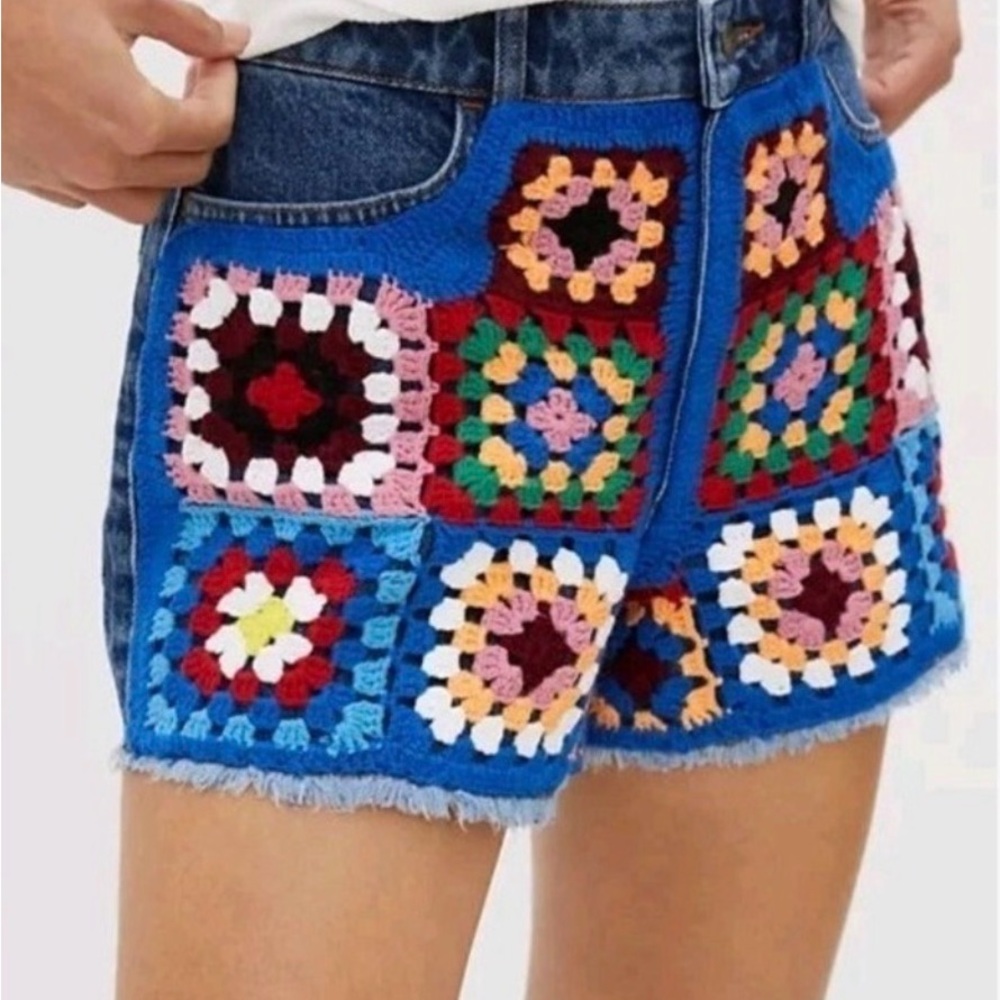 Farm Rio Colorful Crochet Knit Denim Jeans Shorts - 31 - Picture 3 of 12